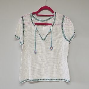 Y2K Vintage Escada Crochet Sweater, White w Multicolor Trim, Size 40, NEW